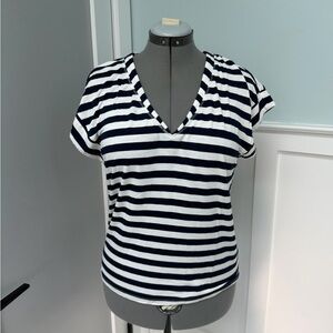 WHBM Navy and White Striped V-Neck Women's Top M